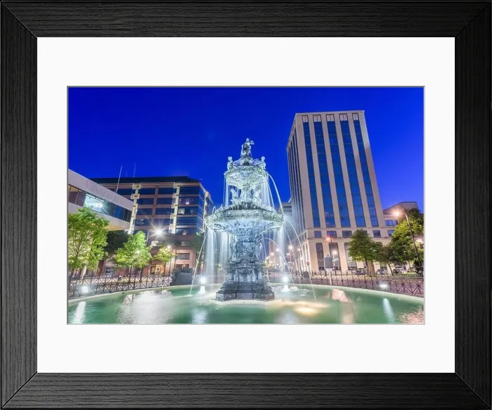 Framed Print : Montgomery, Alabama, USA fountain and downtown cityscape at twilight Framed Print : Montgomery, Alabama, USA fountain and downtown cityscape at twilight