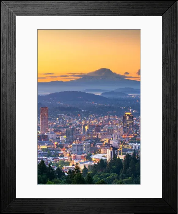 Framed Print : Portland, Oregon, USA downtown skyline with Mt. Hood at dawn Framed Print : Portland, Oregon, USA downtown skyline with Mt. Hood at dawn