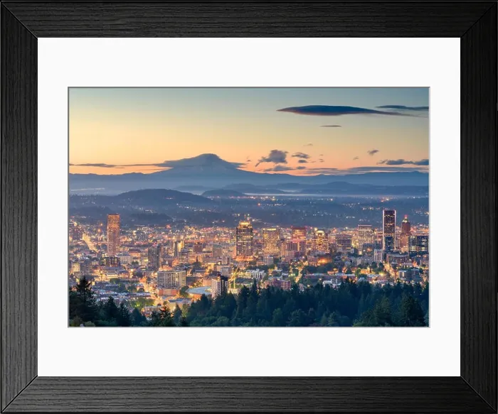 Framed Print : Portland, Oregon, USA downtown skyline with Mt. Hood at dawn Framed Print : Portland, Oregon, USA downtown skyline with Mt. Hood at dawn