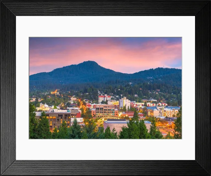 Framed Print : Eugene, Oregon, USA downtown cityscape at dusk Framed Print : Eugene, Oregon, USA downtown cityscape at dusk