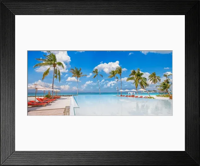 Framed Print : Amazing outdoor tourism landscape. Luxury beach resort with swimming pool seaside beach chairs beds umbrellas with palm trees reflection Wellbeing spa Framed Print : Amazing outdoor tourism landscape. Luxury beach resort with swimming pool seaside beach chairs beds umbrellas with palm trees reflection Wellbeing spa