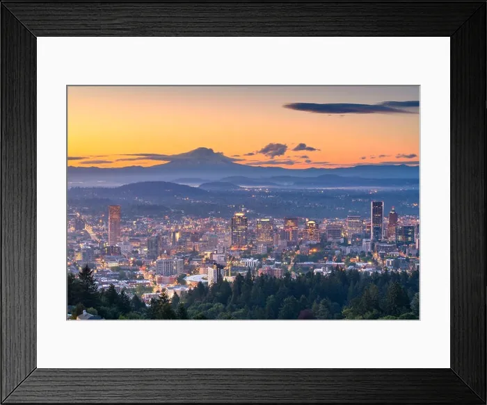 Framed Print : Portland, Oregon, USA downtown skyline with Mt. Hood at dawn Framed Print : Portland, Oregon, USA downtown skyline with Mt. Hood at dawn