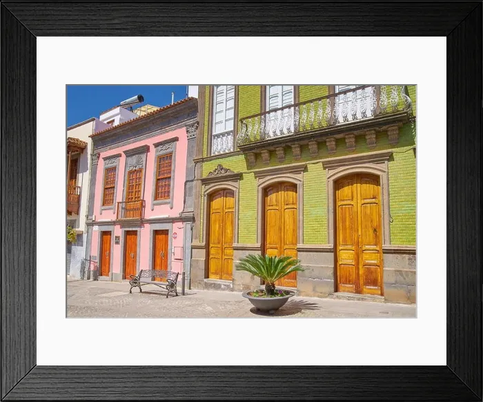 Framed Print : Painted houses on the main street in Teror, Gran Canaria, Spain Framed Print : Painted houses on the main street in Teror, Gran Canaria, Spain