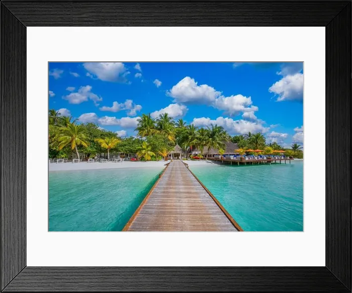Framed Print : Summer vacation on a tropical island hotel resort with beautiful beach and palm trees, pier jetty path paradise landscape. Idyllic tourism relaxing Framed Print : Summer vacation on a tropical island hotel resort with beautiful beach and palm trees, pier jetty path paradise landscape. Idyllic tourism relaxing