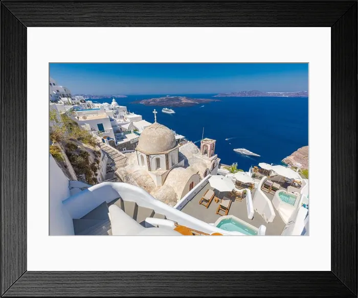 Framed Print : Luxury summer relaxation background. Summer vacation at Santorini, swimming pools, hot tubs looking out over the Caldera sea view of Santorini, Greece Framed Print : Luxury summer relaxation background. Summer vacation at Santorini, swimming pools, hot tubs looking out over the Caldera sea view of Santorini, Greece