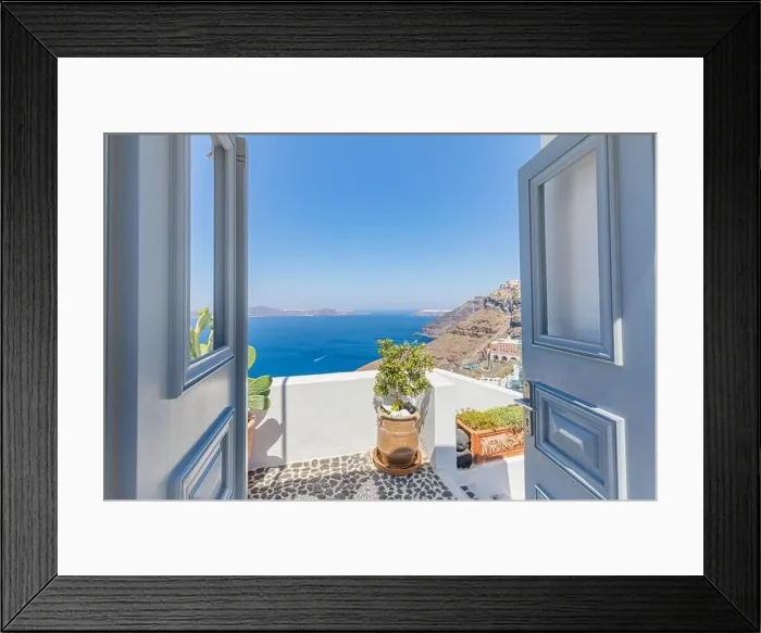 Framed Print : Fantastic travel panorama, Santorini urban street landscape. Door or gate stairs and white architecture under sunny sky. Amazing summer vacation Framed Print : Fantastic travel panorama, Santorini urban street landscape. Door or gate stairs and white architecture under sunny sky. Amazing summer vacation