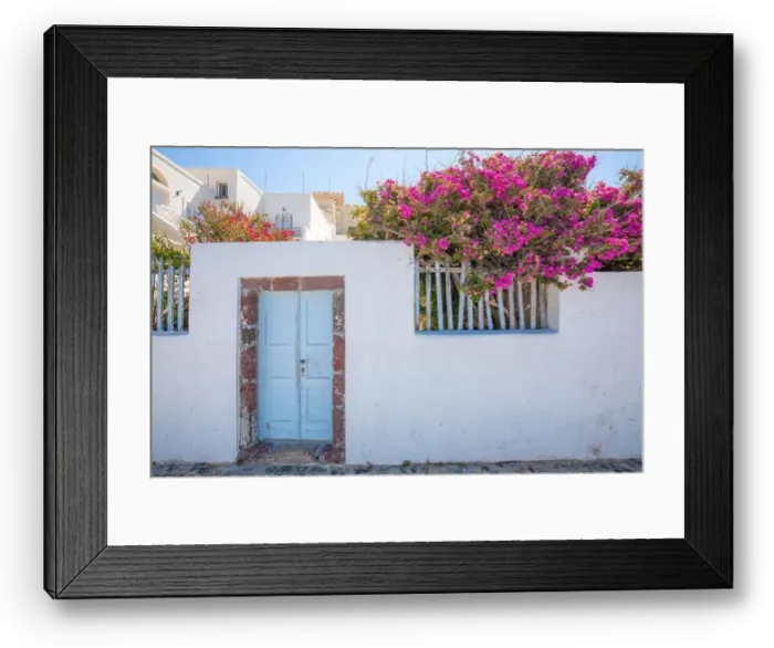 Framed Print : Fantastic travel background, Santorini urban street landscape. Blue door or gate stairs and white architecture under sunny sky. Amazing summer scene Framed Print : Fantastic travel background, Santorini urban street landscape. Blue door or gate stairs and white architecture under sunny sky. Amazing summer scene