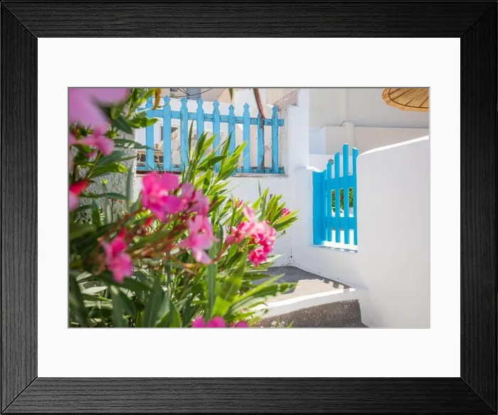 Framed Print : Fantastic travel background, Santorini urban street landscape. Blue door or gate stairs and white architecture under sunny sky. Amazing summer scene Framed Print : Fantastic travel background, Santorini urban street landscape. Blue door or gate stairs and white architecture under sunny sky. Amazing summer scene