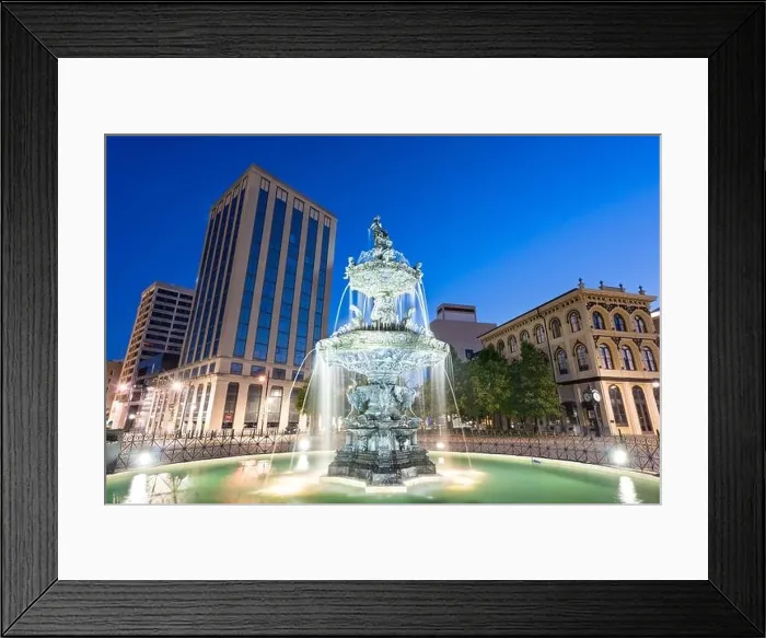 Framed Print : Montgomery, Alabama, USA fountain and downtown cityscape at twilight Framed Print : Montgomery, Alabama, USA fountain and downtown cityscape at twilight