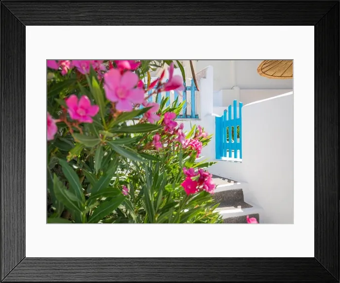 Framed Print : Fantastic travel background, Santorini urban street landscape. Blue door or gate stairs and white architecture under sunny sky. Amazing summer scene Framed Print : Fantastic travel background, Santorini urban street landscape. Blue door or gate stairs and white architecture under sunny sky. Amazing summer scene