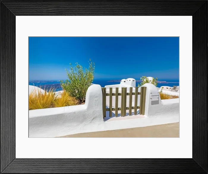 Framed Print : Fantastic travel background, Santorini urban street landscape. Blue door or gate stairs and white architecture under sunny sky. Amazing summer scene Framed Print : Fantastic travel background, Santorini urban street landscape. Blue door or gate stairs and white architecture under sunny sky. Amazing summer scene