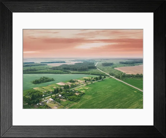 Framed Print : Vasilyovka, Dobrush District, Gomel Region, Belarus. Aerial View Of Wooden Houses At Spring Sunset Dawn Sunrise Time. Beautiful Rural Landscape In Bir Framed Print : Vasilyovka, Dobrush District, Gomel Region, Belarus. Aerial View Of Wooden Houses At Spring Sunset Dawn Sunrise Time. Beautiful Rural Landscape In Bir