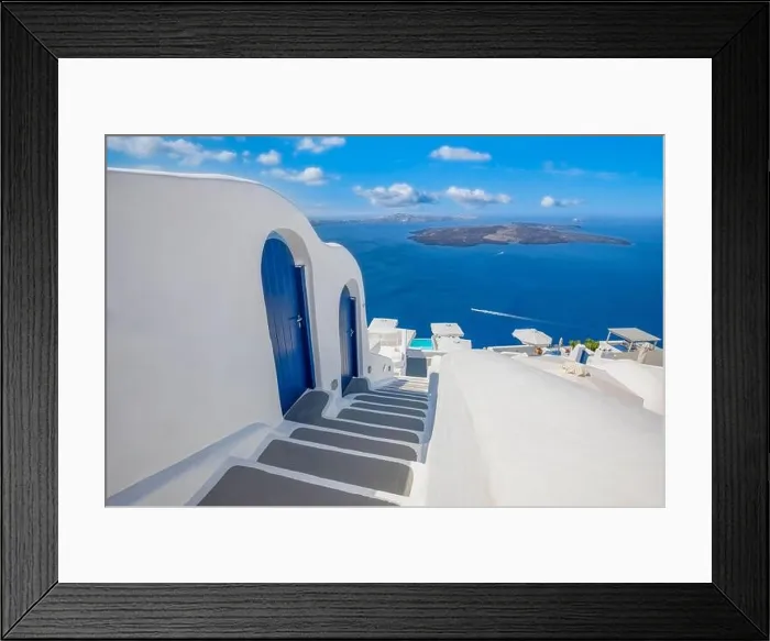 Framed Print : Amazing sunny day view of Fira, caldera, volcano of Santorini, Greece. Stunning travel landscape, summer romantic couples vacation destination scenic Framed Print : Amazing sunny day view of Fira, caldera, volcano of Santorini, Greece. Stunning travel landscape, summer romantic couples vacation destination scenic