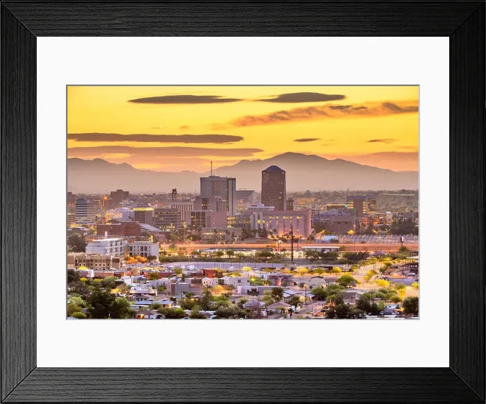 Framed Print : Tucson, Arizona, USA downtown city skyline with mountains at twilight Framed Print : Tucson, Arizona, USA downtown city skyline with mountains at twilight