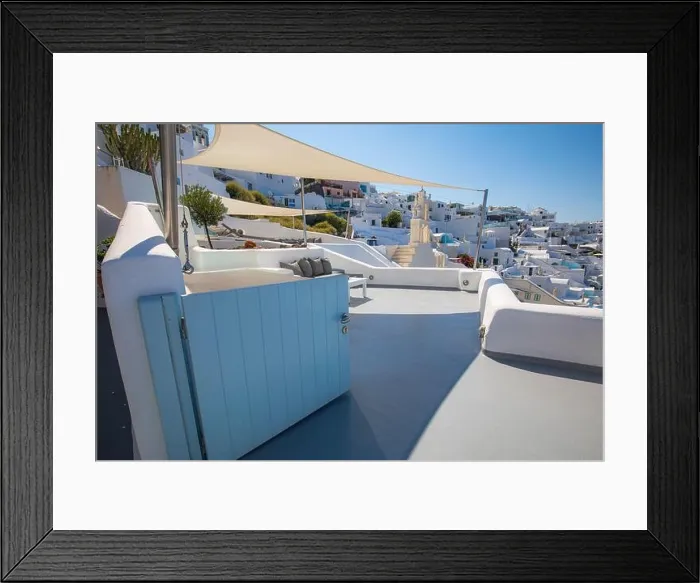 Framed Print : White wash staircases on Santorini Island, Greece. The view toward Caldera sea view idyllic travel landscape Framed Print : White wash staircases on Santorini Island, Greece. The view toward Caldera sea view idyllic travel landscape