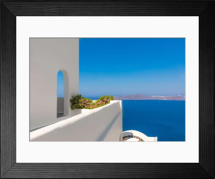 Framed Print : White wash staircases on Santorini Island, Greece. The view toward Caldera sea view idyllic travel landscape Framed Print : White wash staircases on Santorini Island, Greece. The view toward Caldera sea view idyllic travel landscape