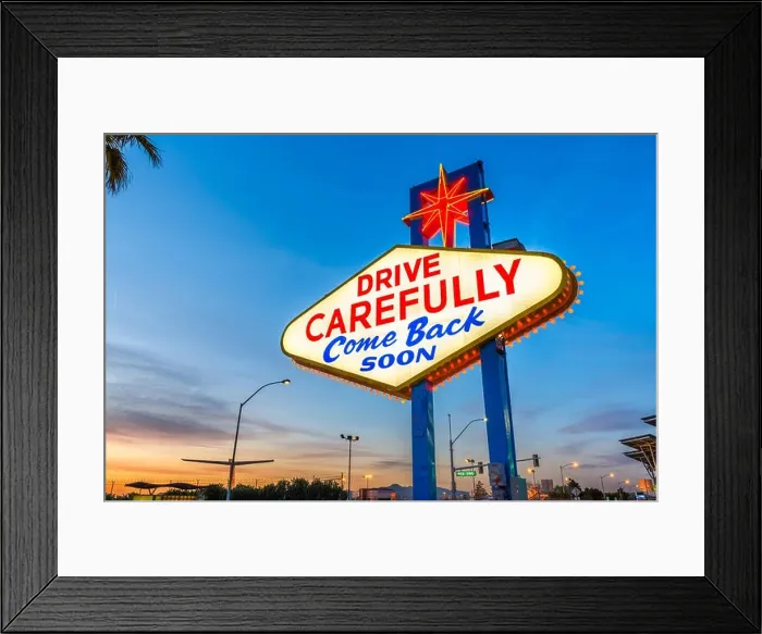 Framed Print : Las Vegas, Nevada, USA at the back of the Welcome to Las Vegas Sign reminding you to drive carefully and come back soon Framed Print : Las Vegas, Nevada, USA at the back of the Welcome to Las Vegas Sign reminding you to drive carefully and come back soon