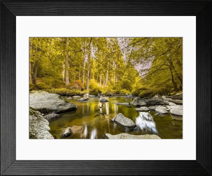Framed Print : Autumnal forest, rocks covered with moss, fallen leaves. Mountain river with waterfalls at autumn times. Autumn colors, tranquil nature landscape