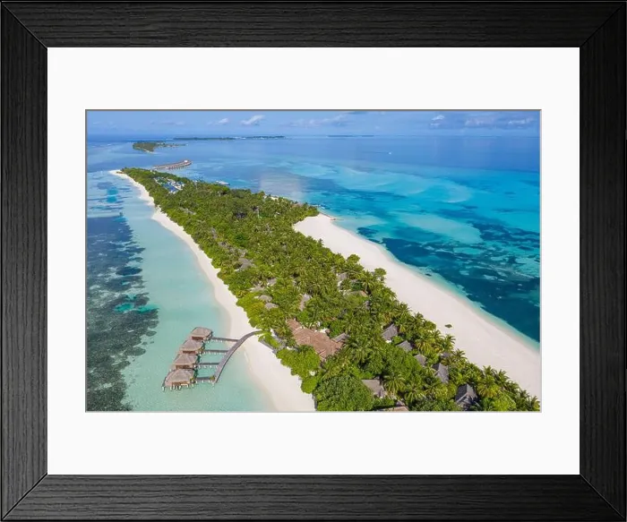 Framed Print : Perfect aerial scenic landscape, luxury tropical resort hotel with water villas and beautiful beach scenery. Amazing bird eyes view in Maldives reef Framed Print : Perfect aerial scenic landscape, luxury tropical resort hotel with water villas and beautiful beach scenery. Amazing bird eyes view in Maldives reef
