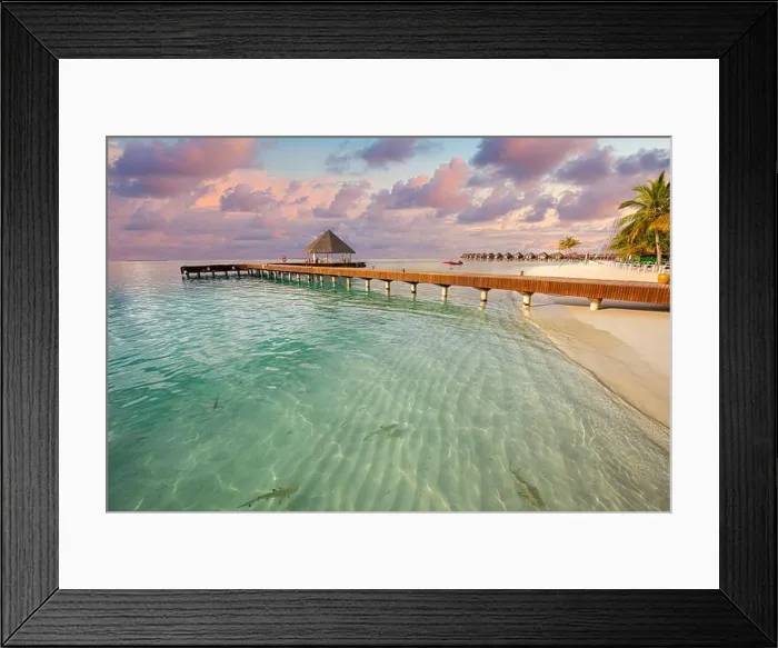 Framed Print : Fantastic sunset beach shore, shallows with sting rays and sharks in Maldives islands. Luxury resort hotel, wooden jetty, over water villa, bungalow Framed Print : Fantastic sunset beach shore, shallows with sting rays and sharks in Maldives islands. Luxury resort hotel, wooden jetty, over water villa, bungalow