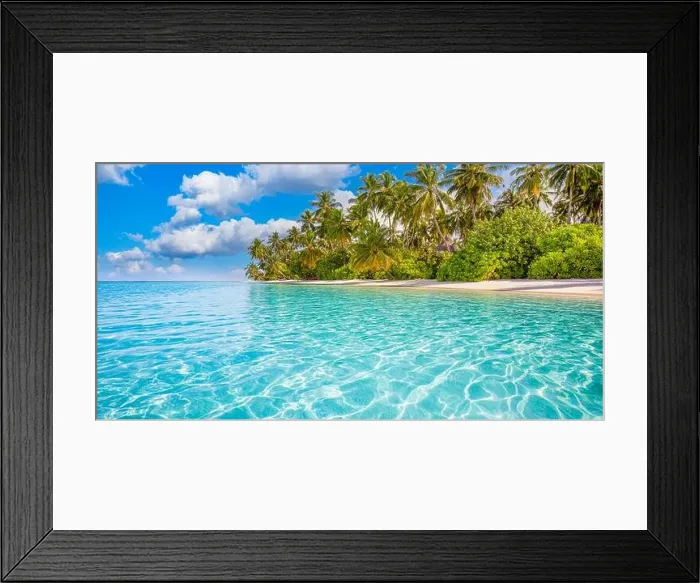 Framed Print : Tahiti or Maldives island panoramic beach. Tropical landscape shore of scenic summer, white sand, palm trees. Luxury travel vacation destination Framed Print : Tahiti or Maldives island panoramic beach. Tropical landscape shore of scenic summer, white sand, palm trees. Luxury travel vacation destination