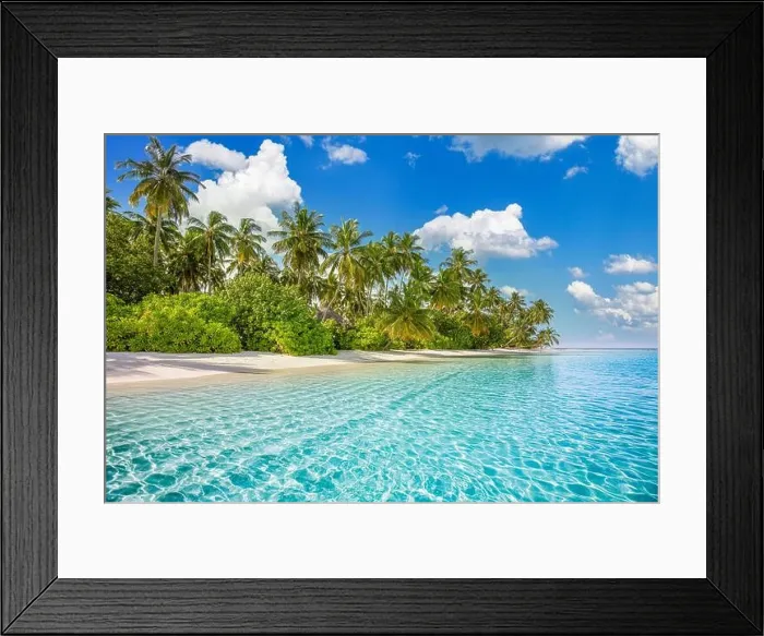 Framed Print : Tahiti or Maldives island panoramic beach. Tropical landscape shore of scenic summer, white sand, palm trees. Luxury travel vacation destination Framed Print : Tahiti or Maldives island panoramic beach. Tropical landscape shore of scenic summer, white sand, palm trees. Luxury travel vacation destination