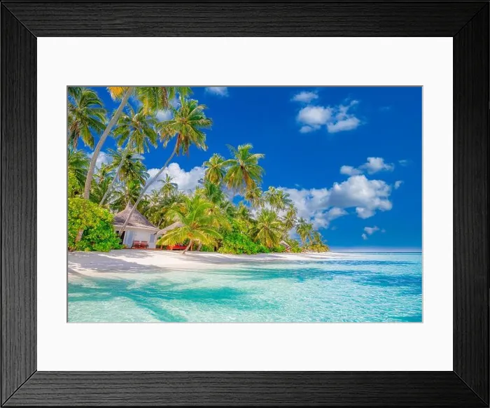 Framed Print : Tahiti or Maldives island panoramic beach. Tropical landscape shore of scenic summer, white sand, palm trees. Luxury travel vacation destination Framed Print : Tahiti or Maldives island panoramic beach. Tropical landscape shore of scenic summer, white sand, palm trees. Luxury travel vacation destination