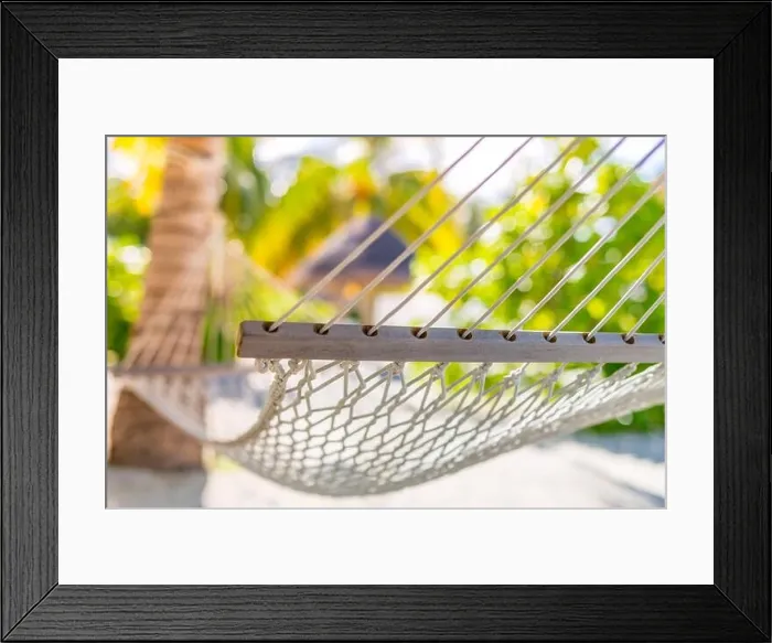 Framed Print : Beach hammock, artistic relaxing and calming summer mood. Exotic travel destination, luxury closeup, palm trees and hot summer vibes on beach