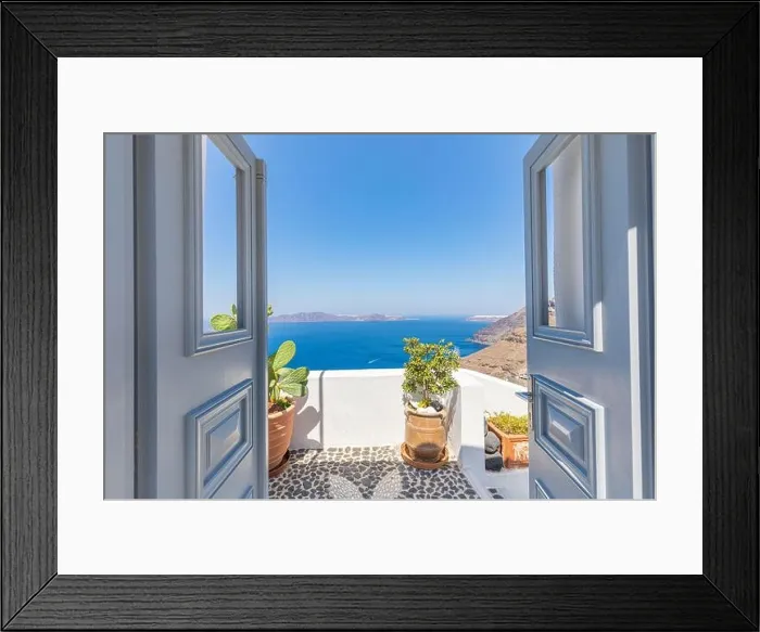 Framed Print : Fantastic travel background, Santorini urban street landscape. Blue door or gate stairs and white architecture under sunny sky. Amazing summer vacay Framed Print : Fantastic travel background, Santorini urban street landscape. Blue door or gate stairs and white architecture under sunny sky. Amazing summer vacay