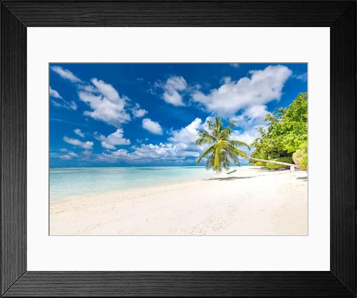 Framed Print : Beautiful tropical beach banner. White sand and coco palms travel tourism wide panorama background concept. Amazing beach landscape. Luxury travel Framed Print : Beautiful tropical beach banner. White sand and coco palms travel tourism wide panorama background concept. Amazing beach landscape. Luxury travel