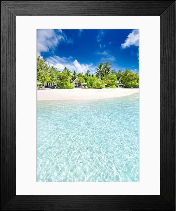 Framed Print : Beautiful tropical beach landscape banner. White sand and coco palms wide panorama background concept. Amazing beach scene use for summer vacation Framed Print : Beautiful tropical beach landscape banner. White sand and coco palms wide panorama background concept. Amazing beach scene use for summer vacation