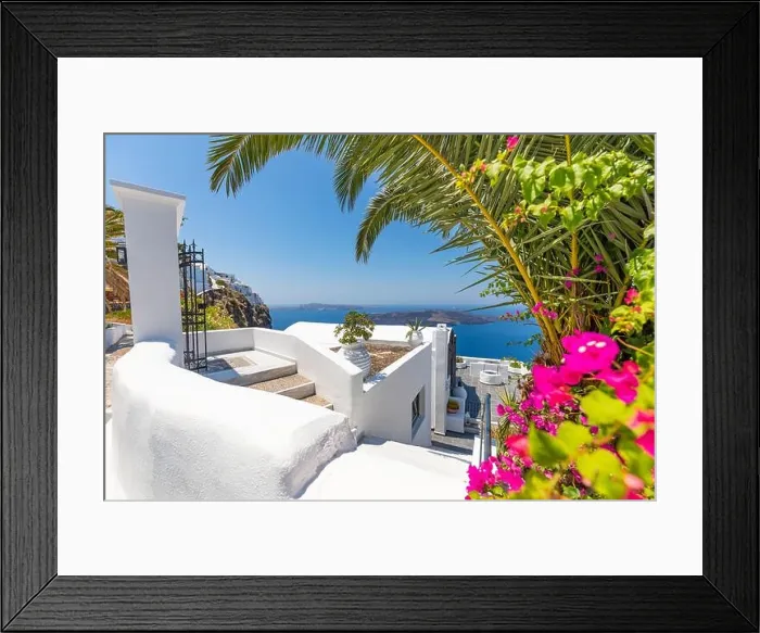Framed Print : White wash staircases and entrance on Santorini Island, Greece. The view toward Caldera sea view. Famous tourism attraction, travel destination Framed Print : White wash staircases and entrance on Santorini Island, Greece. The view toward Caldera sea view. Famous tourism attraction, travel destination