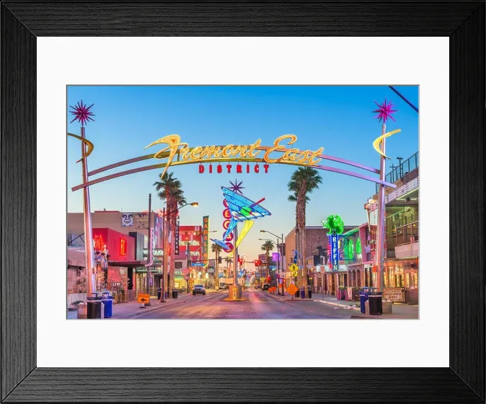 Framed Print : LAS VEGAS, NEVADA - MAY 13, 2019: Fremont East District of Las Vegas at dawn. It is among the most famous streets in the Las Vegas Valley Framed Print : LAS VEGAS, NEVADA - MAY 13, 2019: Fremont East District of Las Vegas at dawn. It is among the most famous streets in the Las Vegas Valley