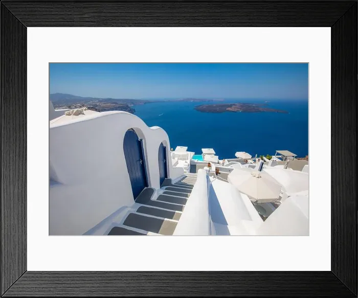 Framed Print : Beautiful travel background for vacation holiday banner. White houses in the town of Oia on the island of Santorini, panorama. Amazing scenic views Framed Print : Beautiful travel background for vacation holiday banner. White houses in the town of Oia on the island of Santorini, panorama. Amazing scenic views