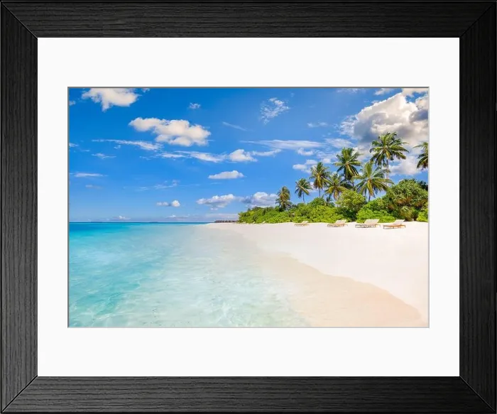 Framed Print : Tahiti or Maldives island panoramic beach. Tropical landscape shore of scenic summer, white sand, palm trees. Luxury travel vacation destination