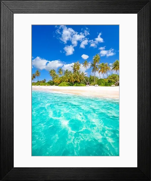 Framed Print : Tahiti or Maldives island panoramic beach. Tropical landscape shore of scenic summer, white sand, palm trees. Luxury travel vacation destination Framed Print : Tahiti or Maldives island panoramic beach. Tropical landscape shore of scenic summer, white sand, palm trees. Luxury travel vacation destination