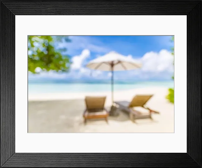 Framed Print : Summer exotic sandy beach with blur palms and sea on background Framed Print : Summer exotic sandy beach with blur palms and sea on background