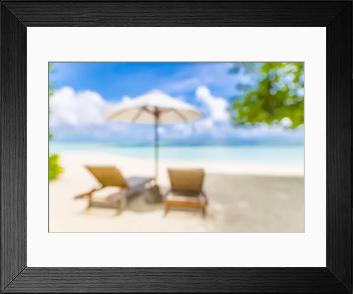 Framed Print : Summer exotic sandy beach with blur palms and sea on background