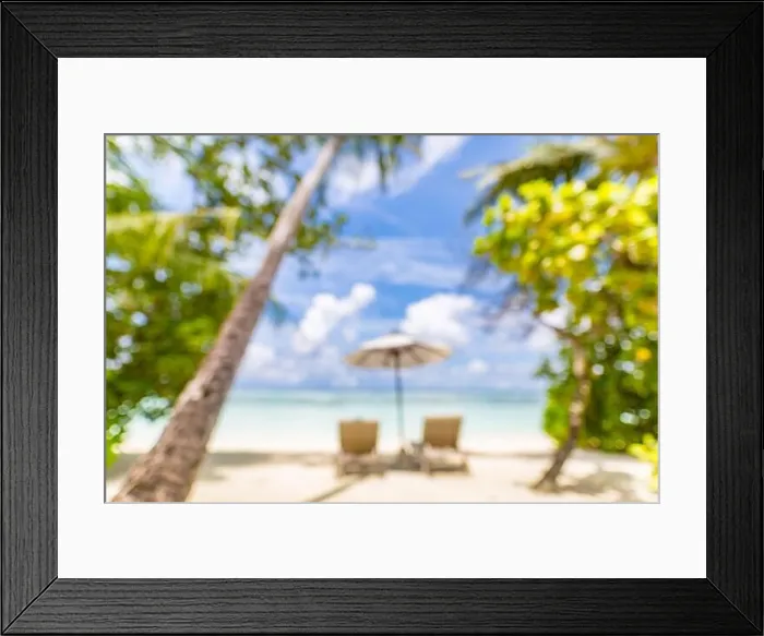 Framed Print : Summer exotic sandy beach with blur palms and sea on background Framed Print : Summer exotic sandy beach with blur palms and sea on background
