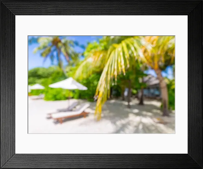 Framed Print : Summer exotic sandy beach with blur palms and sea on background Framed Print : Summer exotic sandy beach with blur palms and sea on background