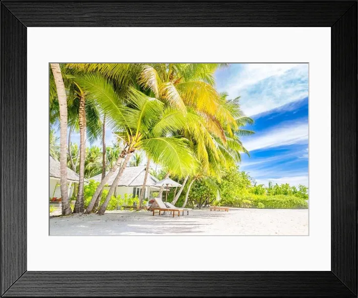 Framed Print : Luxury resort beach with chairs umbrella at Maldives island, white sandy beach and sea, palm trees on summer landscape beach background Framed Print : Luxury resort beach with chairs umbrella at Maldives island, white sandy beach and sea, palm trees on summer landscape beach background