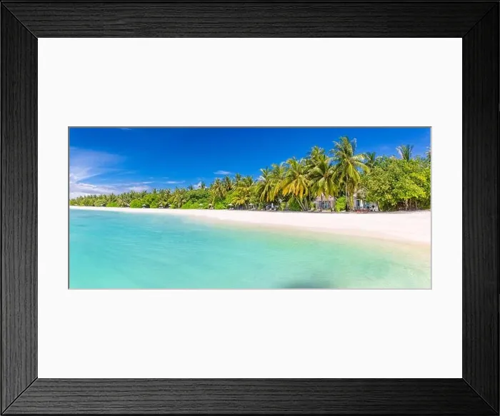 Framed Print : Panoramic beach landscape. Tropical nature pattern, white sand over palm trees and blur sky. Relaxing beach view, sea lagoon, exotic Framed Print : Panoramic beach landscape. Tropical nature pattern, white sand over palm trees and blur sky. Relaxing beach view, sea lagoon, exotic