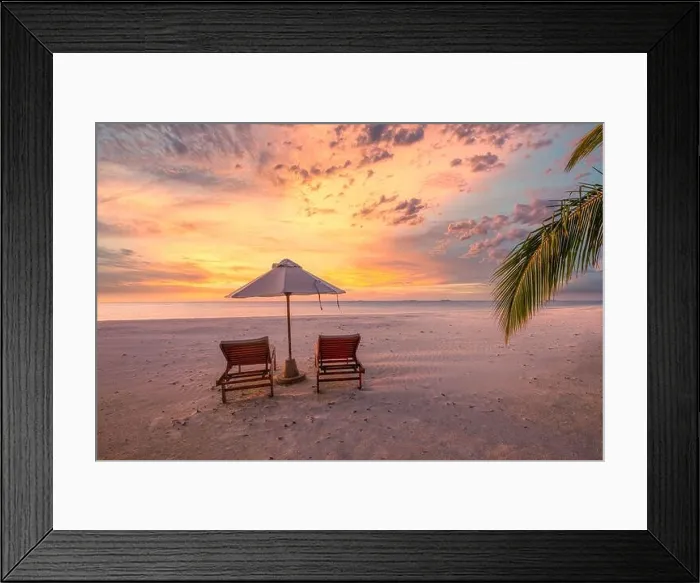 Framed Print : Amazing sunset beach. Romantic couple chairs umbrella. Tranquil togetherness love concept scenery, relax beach, beautiful landscape design. Getaway Framed Print : Amazing sunset beach. Romantic couple chairs umbrella. Tranquil togetherness love concept scenery, relax beach, beautiful landscape design. Getaway