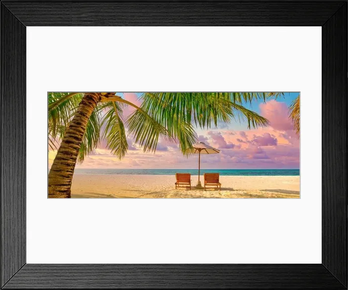 Framed Print : Amazing sunset beach. Romantic couple chairs umbrella. Tranquil togetherness love concept scenery, relax beach, beautiful landscape design. Getaway Framed Print : Amazing sunset beach. Romantic couple chairs umbrella. Tranquil togetherness love concept scenery, relax beach, beautiful landscape design. Getaway