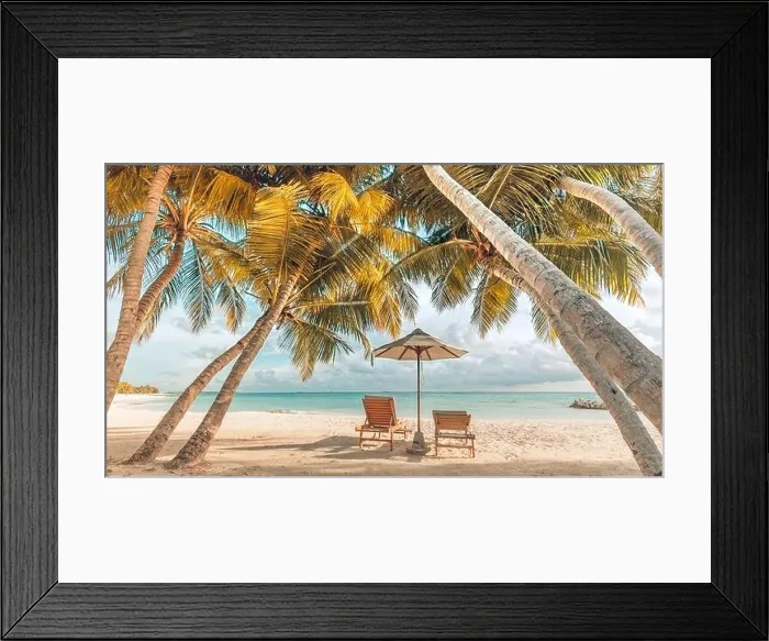 Framed Print : Beautiful tropical sunset scenery, two sun beds, loungers, umbrella under palm tree. Beach white sand, sea view with horizon, colorful twilight sky Framed Print : Beautiful tropical sunset scenery, two sun beds, loungers, umbrella under palm tree. Beach white sand, sea view with horizon, colorful twilight sky
