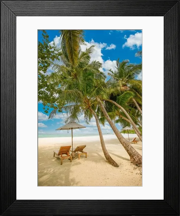 Framed Print : Amazing vacation beach. Couple chairs together by the sea banner. Summer romantic holiday honeymoon concept. Tropical island landscape. Tranquil shore Framed Print : Amazing vacation beach. Couple chairs together by the sea banner. Summer romantic holiday honeymoon concept. Tropical island landscape. Tranquil shore