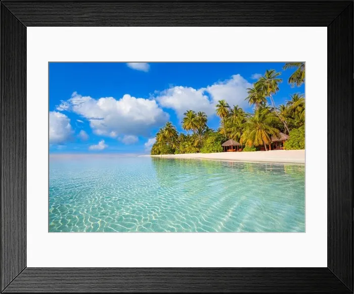 Framed Print : Maldives island beach. Tropical landscape of summer scenery, white sand with palm trees. Luxury travel vacation destination. Exotic beach landscape Framed Print : Maldives island beach. Tropical landscape of summer scenery, white sand with palm trees. Luxury travel vacation destination. Exotic beach landscape