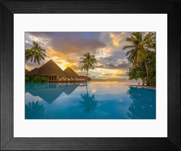 Framed Print : Beautiful sunset beach scene. Colorful sky and clouds view with calm sea and relaxing tropical mood, over water villa. Exotic travel landscape Framed Print : Beautiful sunset beach scene. Colorful sky and clouds view with calm sea and relaxing tropical mood, over water villa. Exotic travel landscape