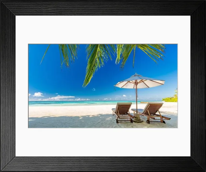 Framed Print : Beautiful Maldives island beach landscape. Luxury resort with chairs and umbrella for summer vacation and holiday background. Exotic tropical beach Framed Print : Beautiful Maldives island beach landscape. Luxury resort with chairs and umbrella for summer vacation and holiday background. Exotic tropical beach