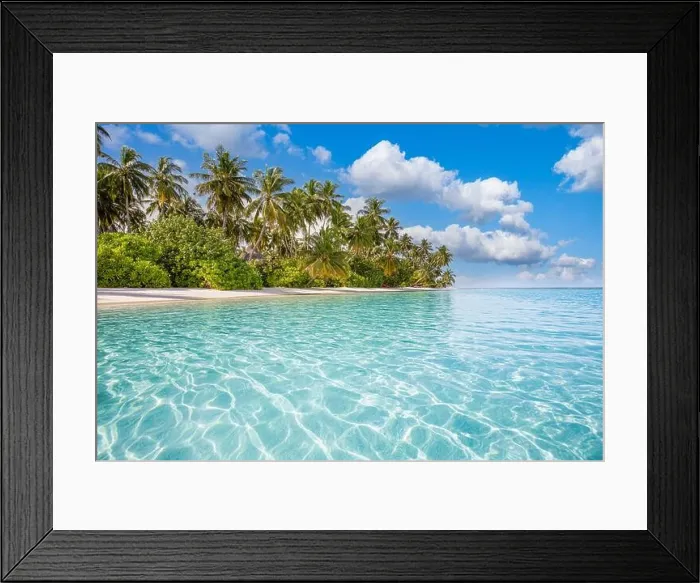Framed Print : Maldives island beach. Tropical landscape of summer scenery, white sand with palm trees. Luxury travel vacation destination. Exotic beach landscape Framed Print : Maldives island beach. Tropical landscape of summer scenery, white sand with palm trees. Luxury travel vacation destination. Exotic beach landscape